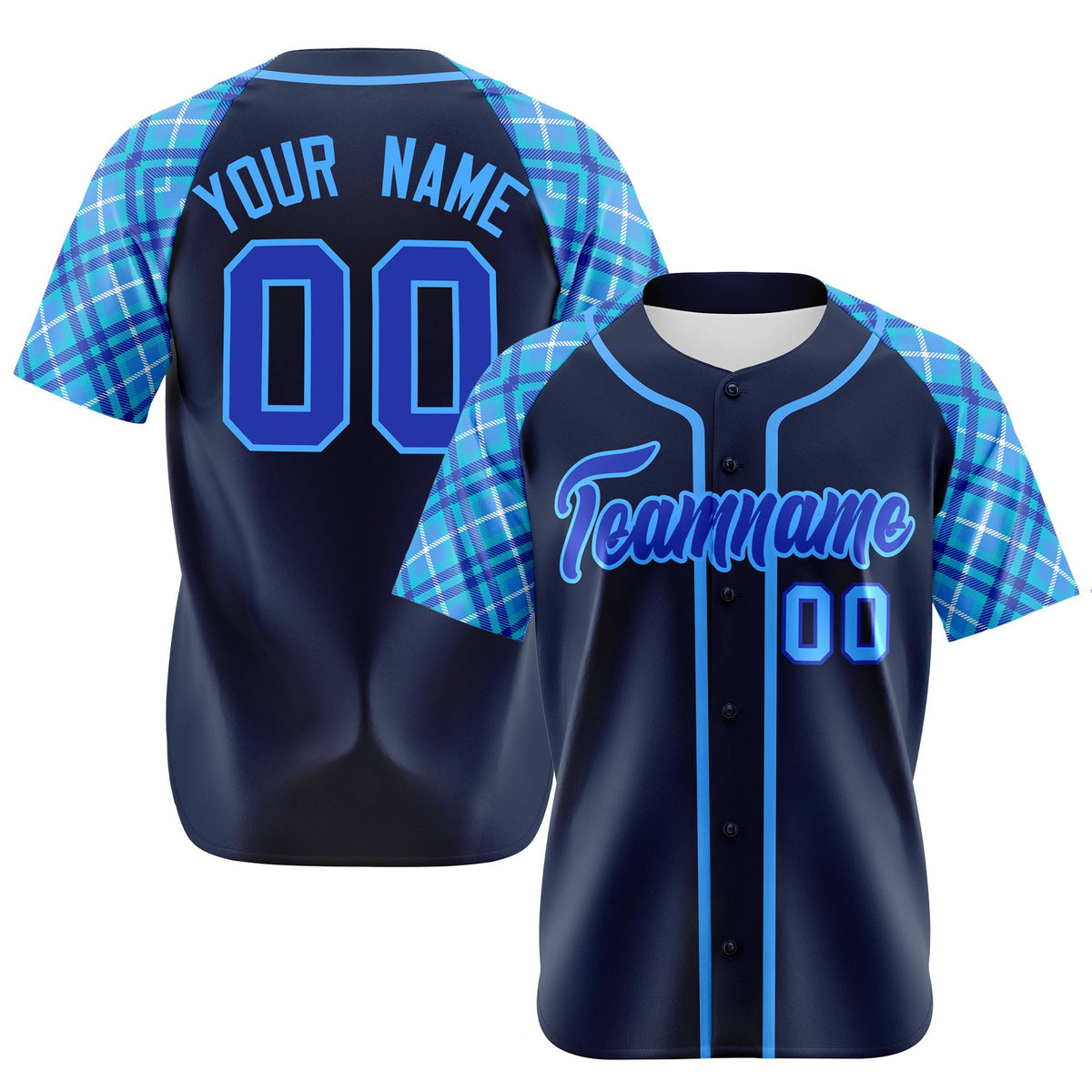 Custom Navy Purple-Blue Authentic Plaid sleeve Baseball Jersey