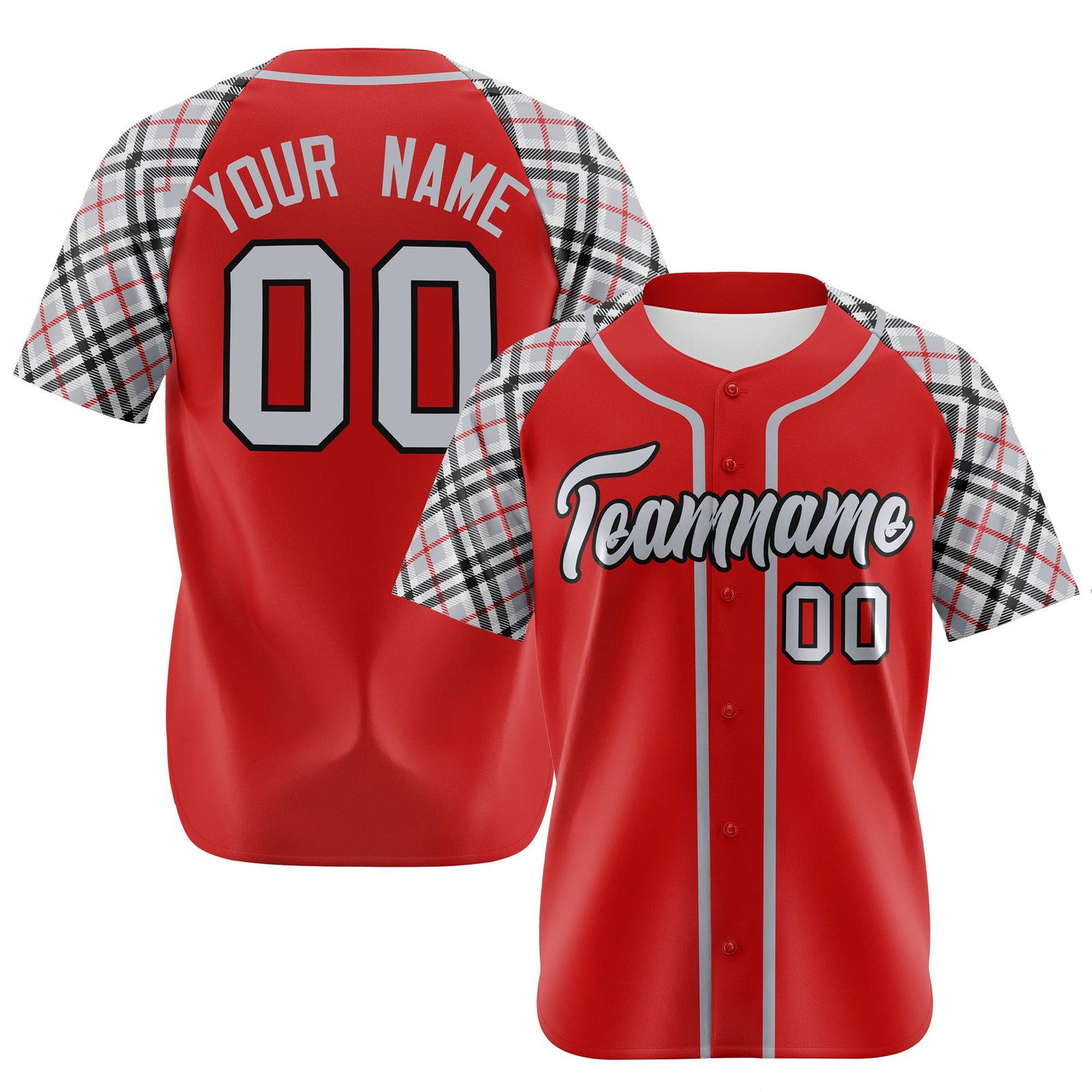 Custom Red Gray-Black Authentic Plaid sleeve Baseball Jersey