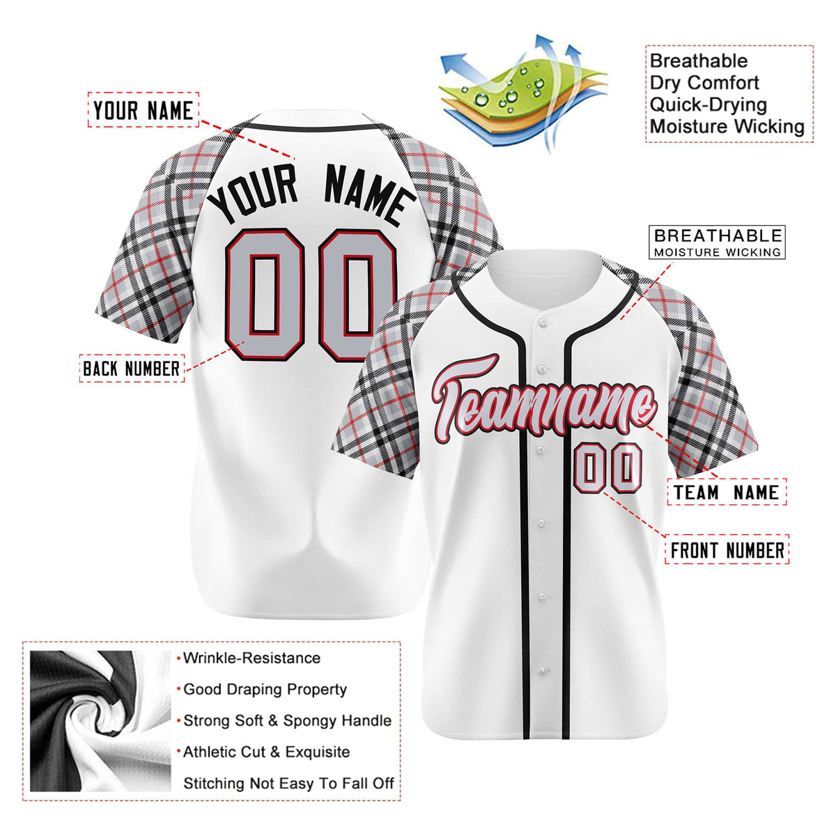Custom White Gray-Red Black Authentic Plaid sleeve Baseball Jersey