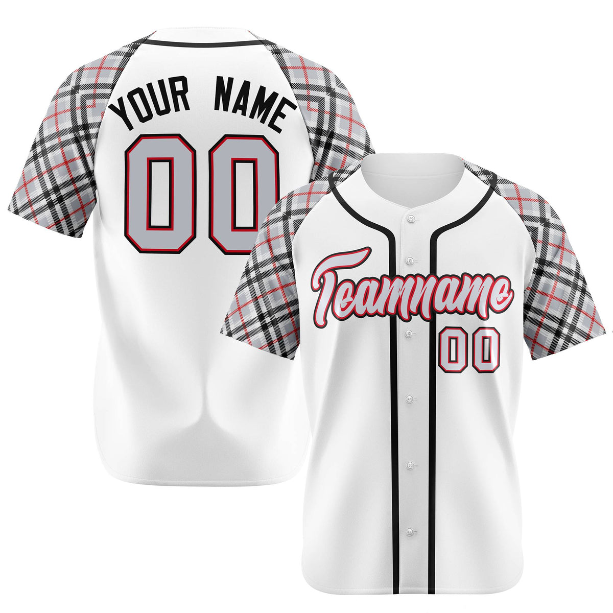 Custom White Gray-Red Black Authentic Plaid sleeve Baseball Jersey