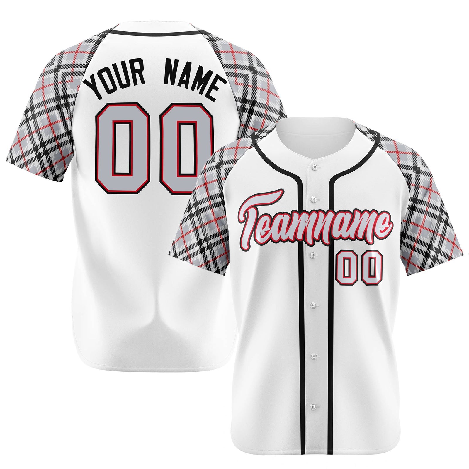 Custom White Gray-Red Black Authentic Plaid sleeve Baseball Jersey