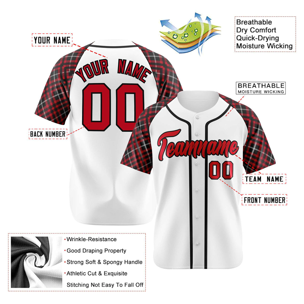 Custom White Crimson-Black Authentic Plaid sleeve Baseball Jersey