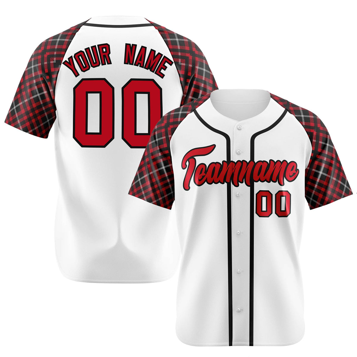 Custom White Crimson-Black Authentic Plaid sleeve Baseball Jersey