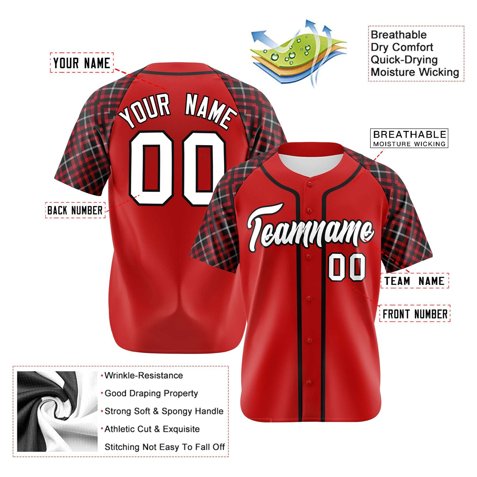 Custom Red Black-White Authentic Plaid sleeve Baseball Jersey