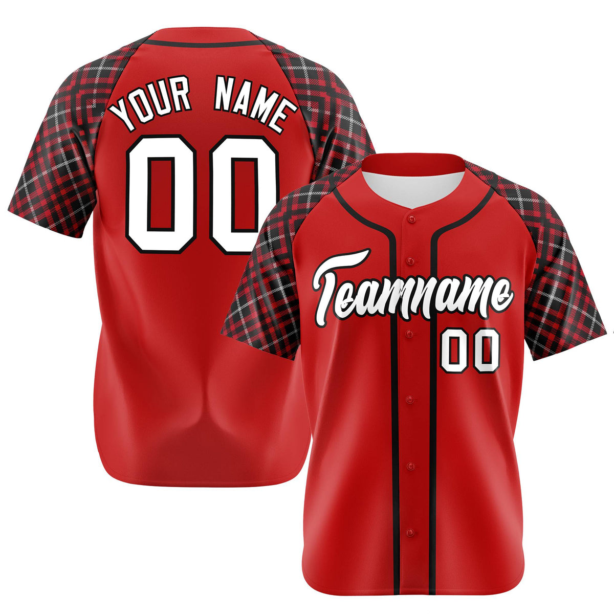 Custom Red Black-White Authentic Plaid sleeve Baseball Jersey