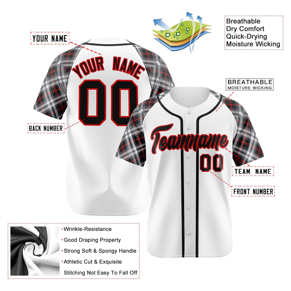 Custom White Red-Black Authentic Plaid sleeve Baseball Jersey