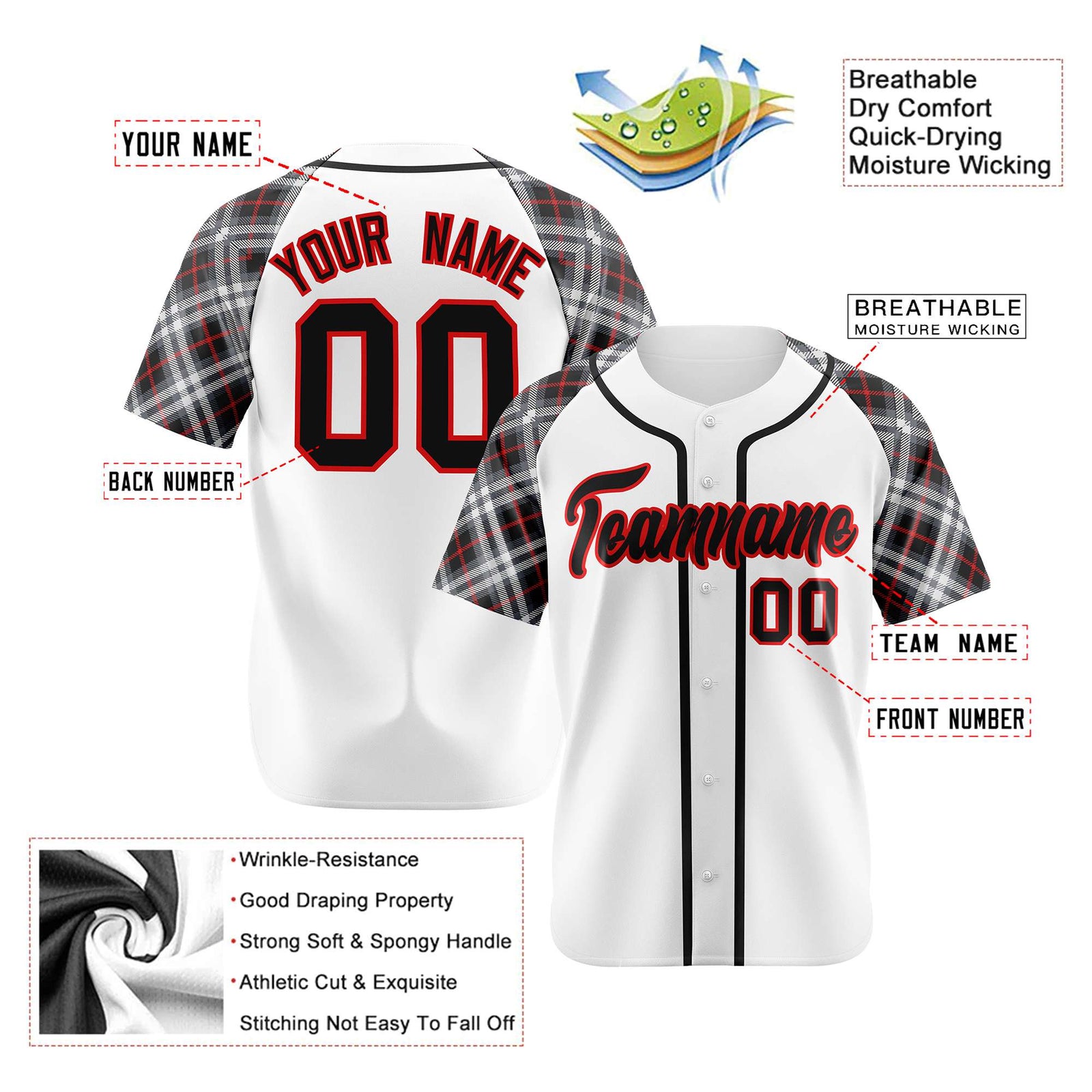 Custom White Red-Black Authentic Plaid sleeve Baseball Jersey