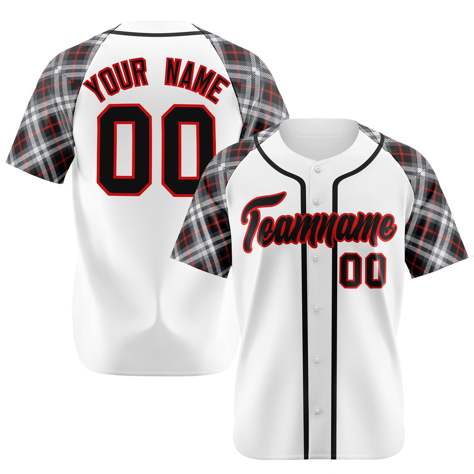Custom White Red-Black Authentic Plaid sleeve Baseball Jersey