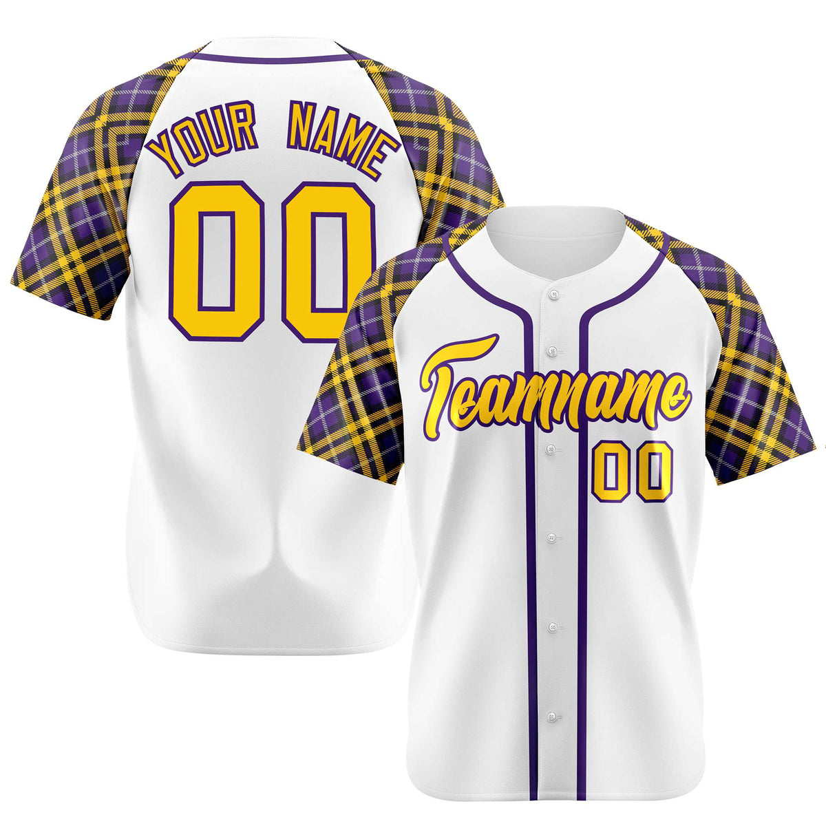 Custom White Yellow-Purple Authentic Plaid sleeve Baseball Jersey
