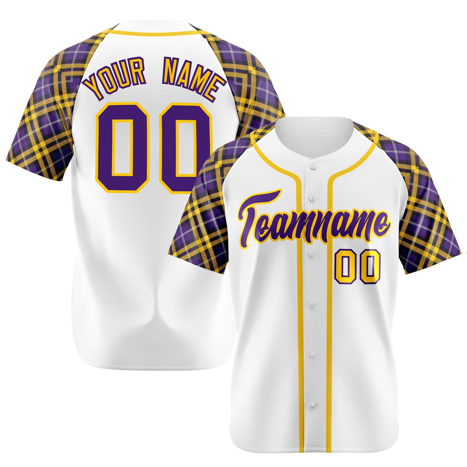 Custom White Purple-Yellow Authentic Plaid sleeve Baseball Jersey