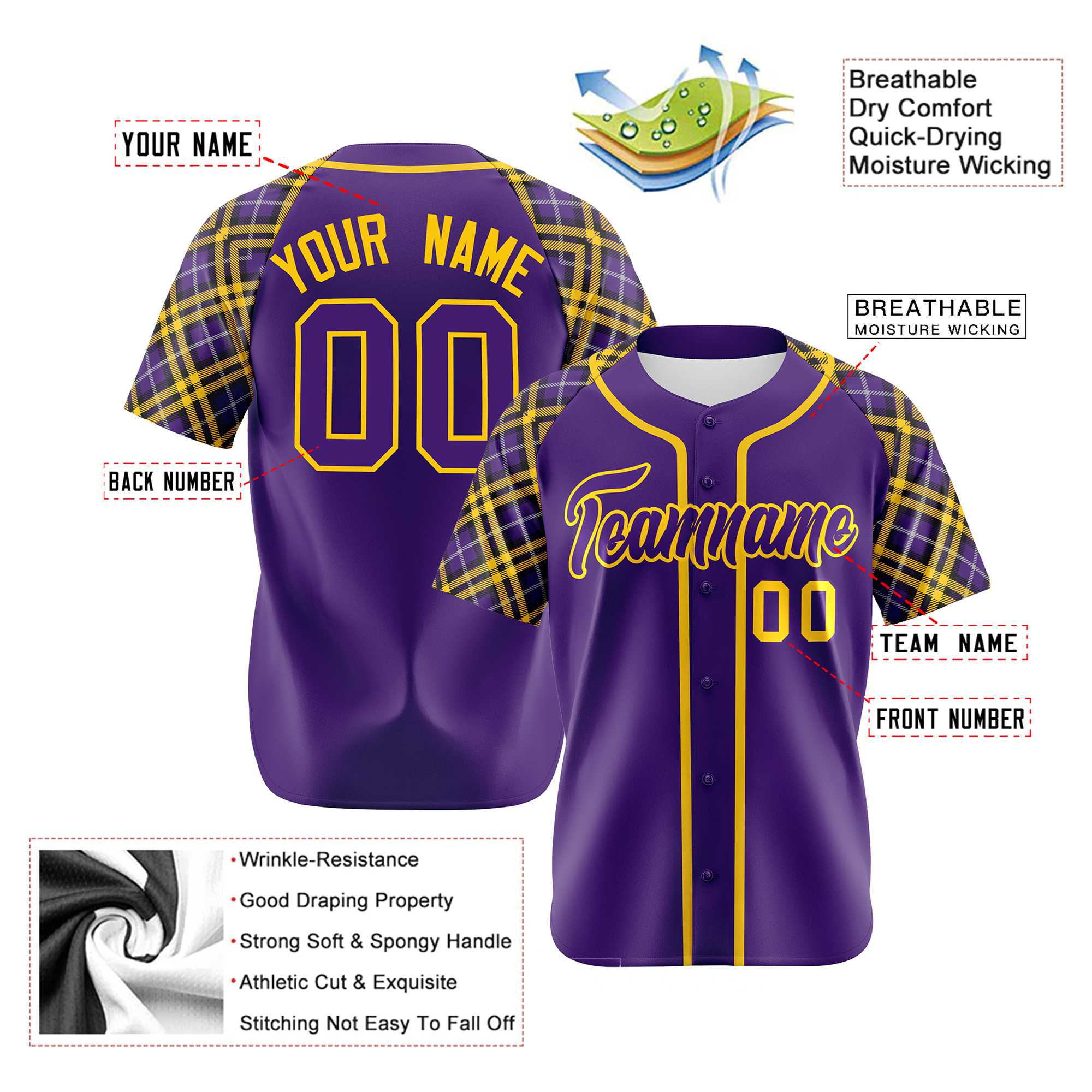 Custom Purple-Yellow Authentic Plaid sleeve Baseball Jersey