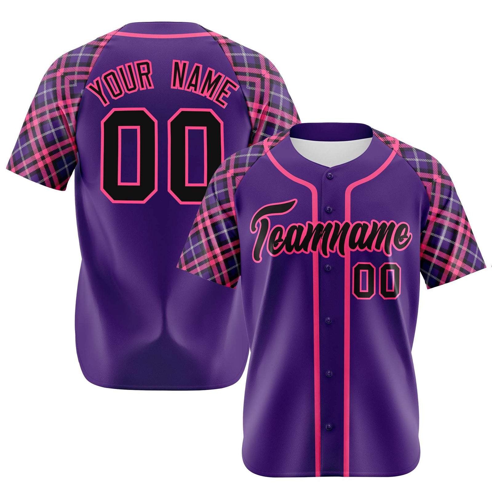 Custom Purple Pink-Black Authentic Plaid sleeve Baseball Jersey