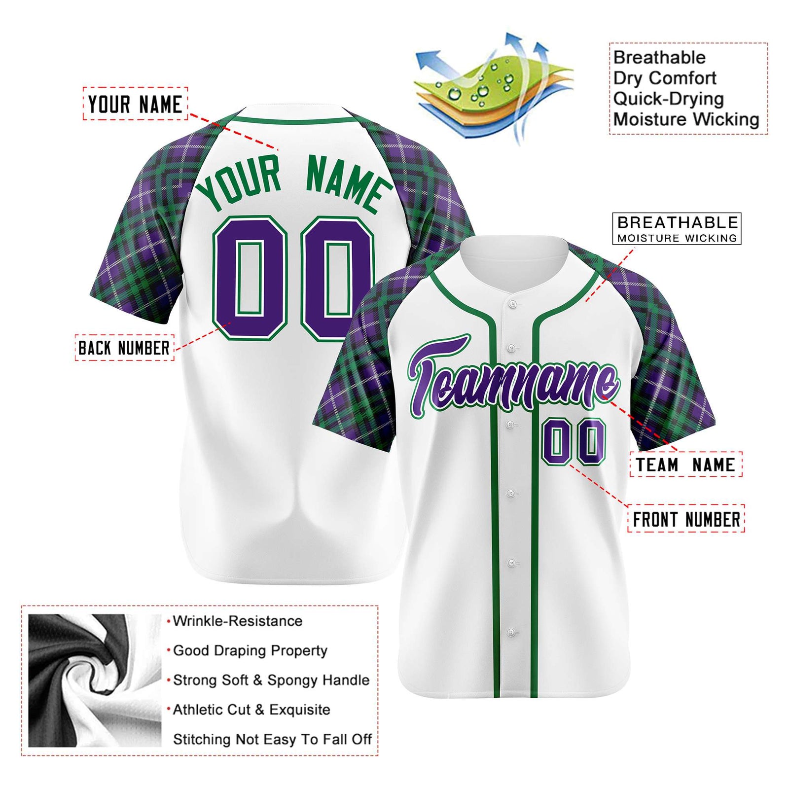 Custom White Purple-Green Authentic Plaid sleeve Baseball Jersey