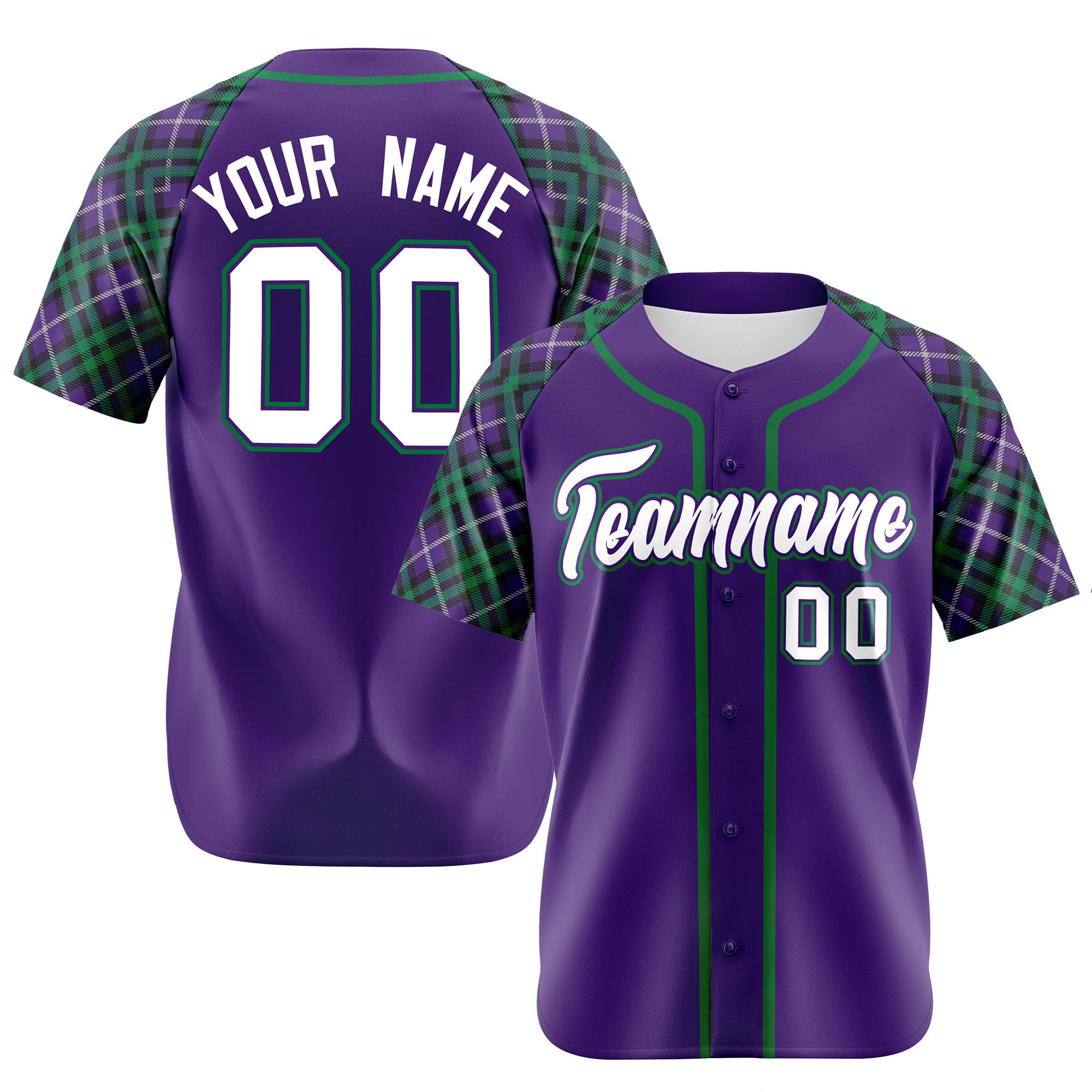 Custom Purple Green-White Authentic Plaid sleeve Baseball Jersey