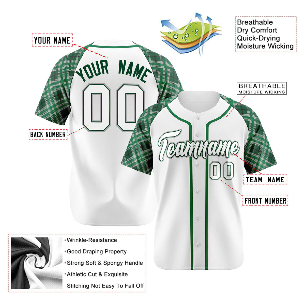 Custom White Green-White Authentic Plaid sleeve Baseball Jersey