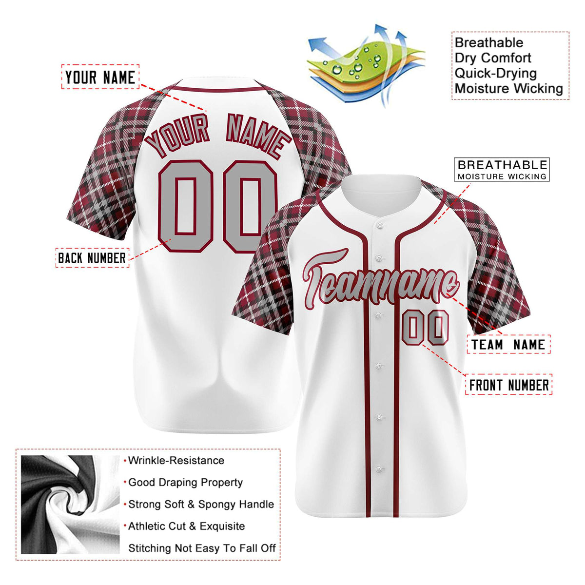 Custom White Burgundy-Gray Authentic Plaid sleeve Baseball Jersey