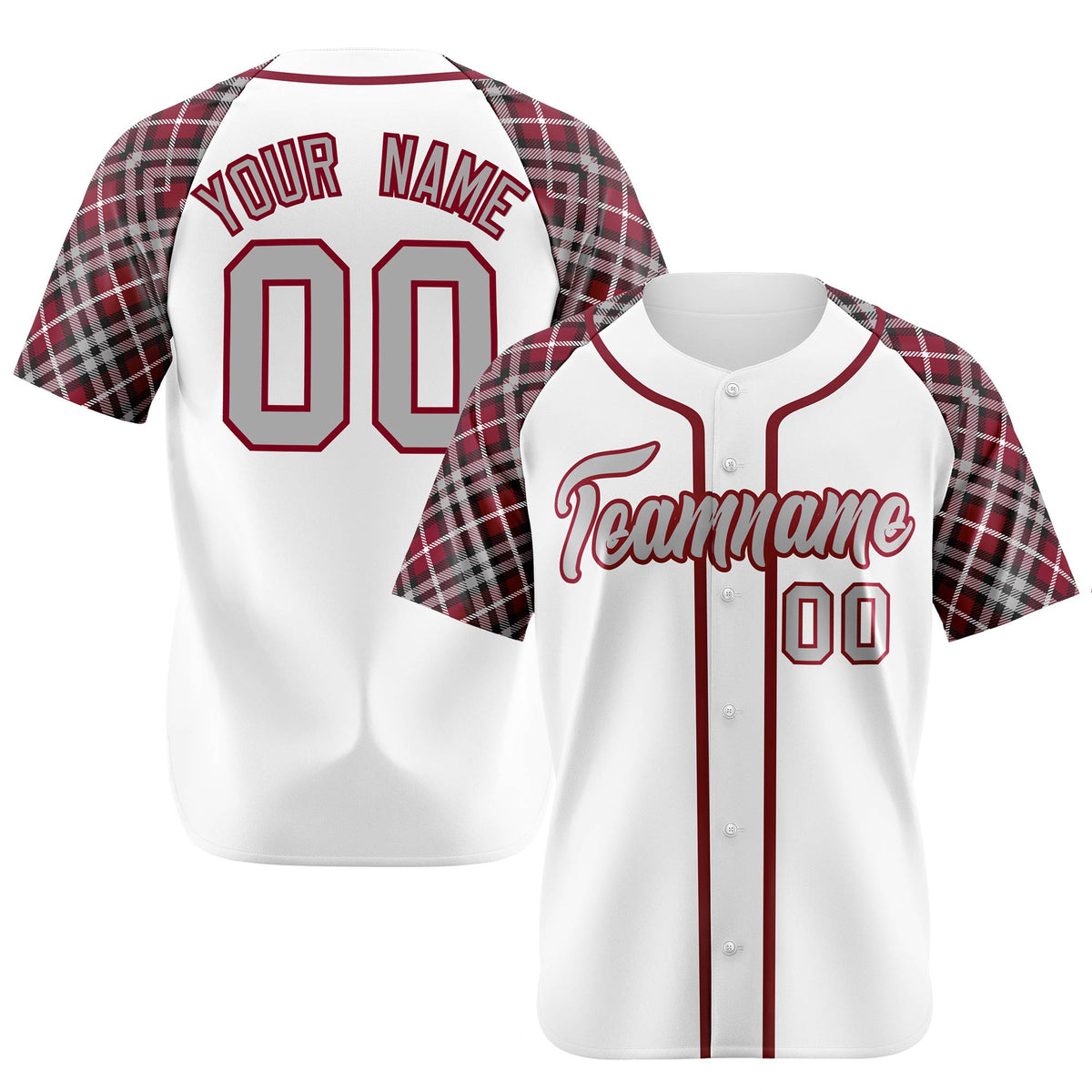 Custom White Burgundy-Gray Authentic Plaid sleeve Baseball Jersey