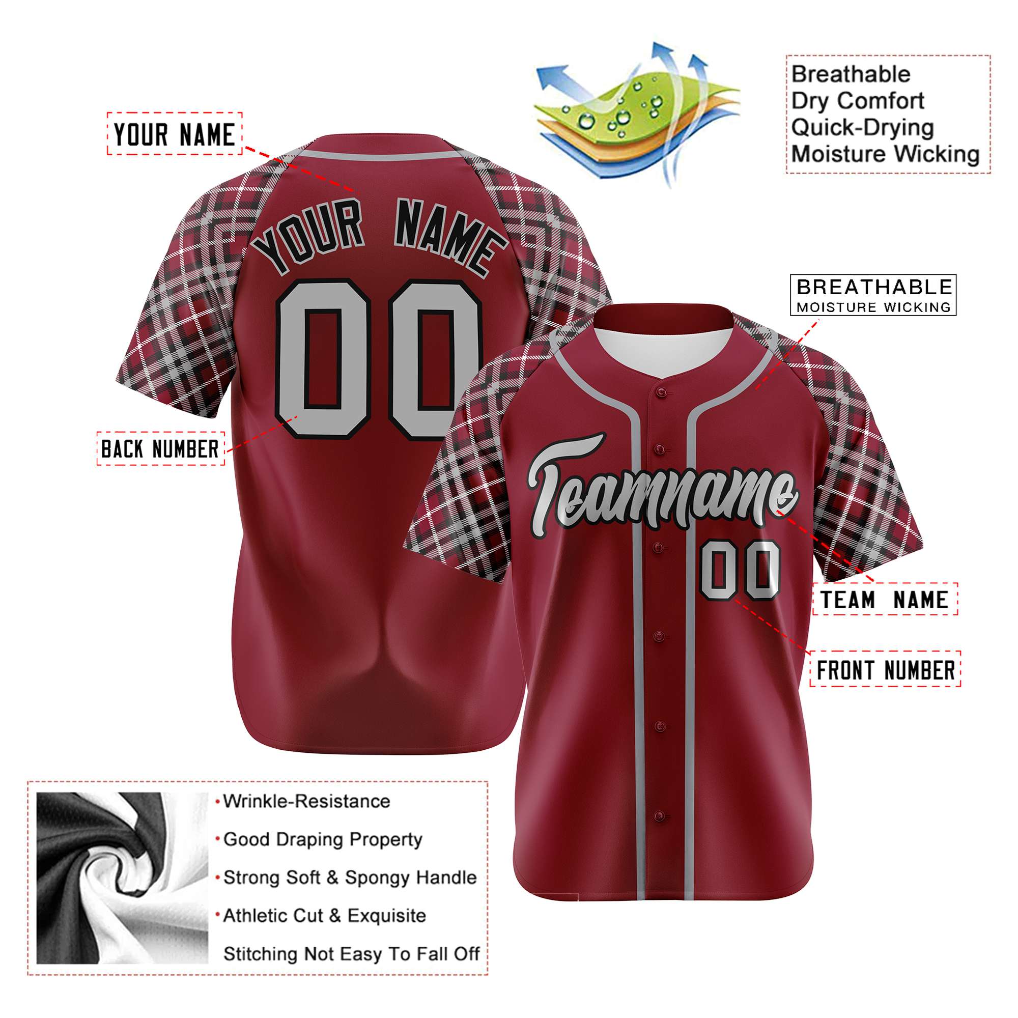 Custom Burgundy Gray-Black Authentic Plaid sleeve Baseball Jersey