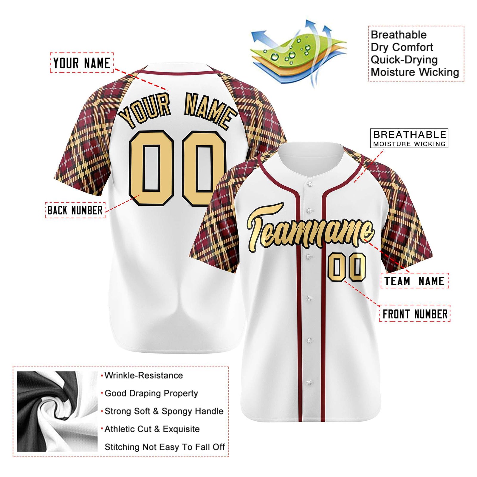 Custom White Old-Gold Crimson-Black Authentic Plaid sleeve Baseball Jersey