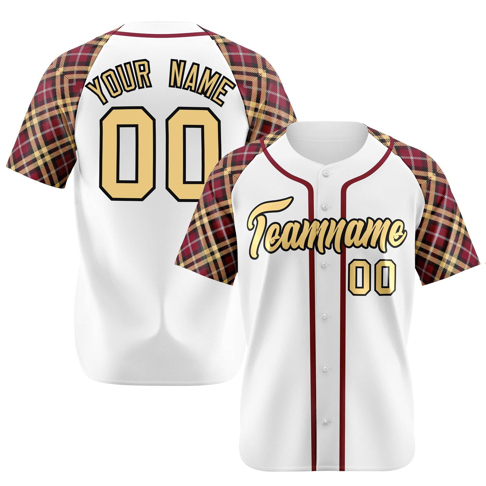Custom White Old-Gold Crimson-Black Authentic Plaid sleeve Baseball Jersey