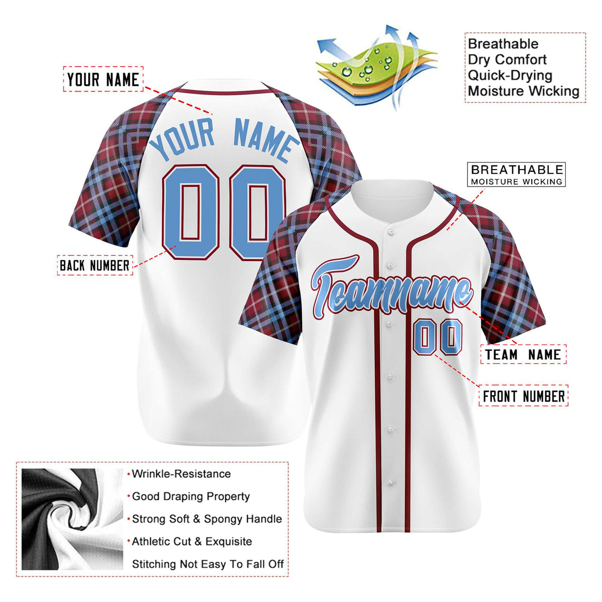 Custom White Light Blue Red Authentic Plaid sleeve Baseball Jersey