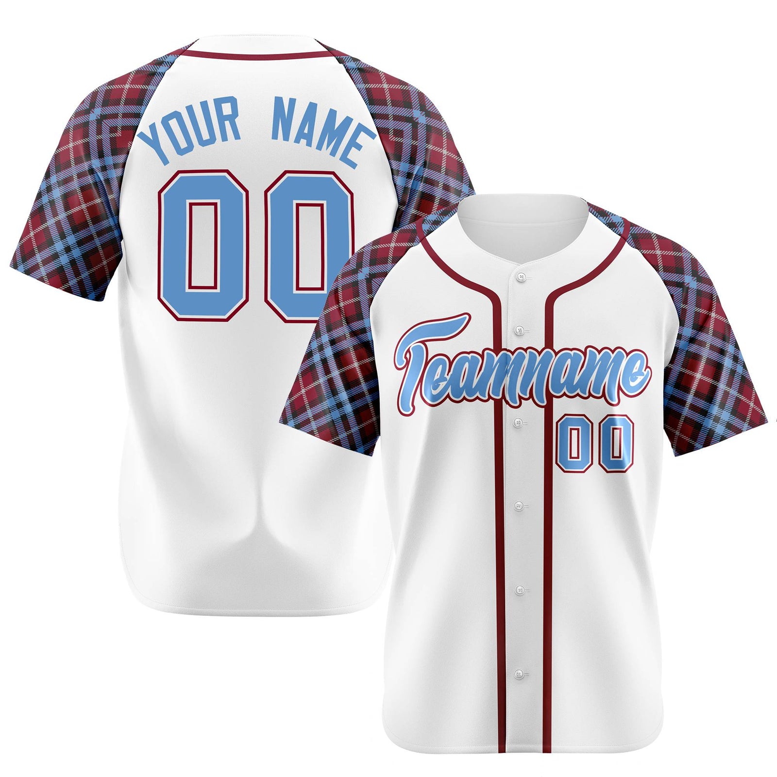 Custom White Light Blue Red Authentic Plaid sleeve Baseball Jersey