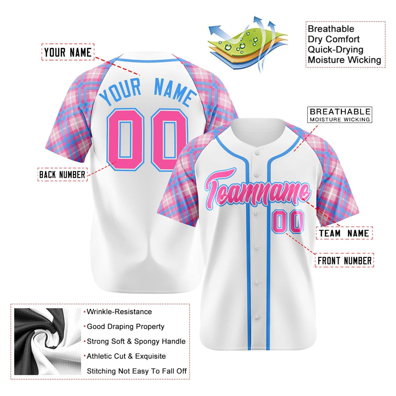 Custom White Pink-Blue Authentic Plaid sleeve Baseball Jersey
