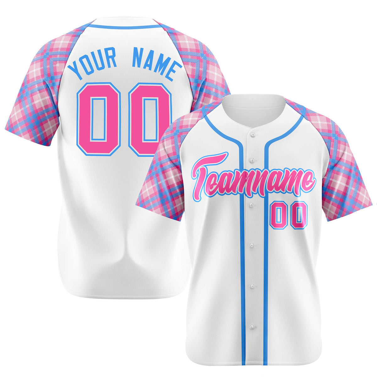 Custom White Pink-Blue Authentic Plaid sleeve Baseball Jersey