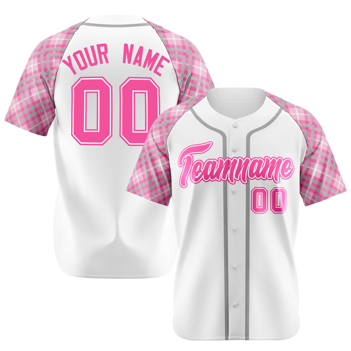 Custom White Pink-Gray Authentic Plaid sleeve Baseball Jersey