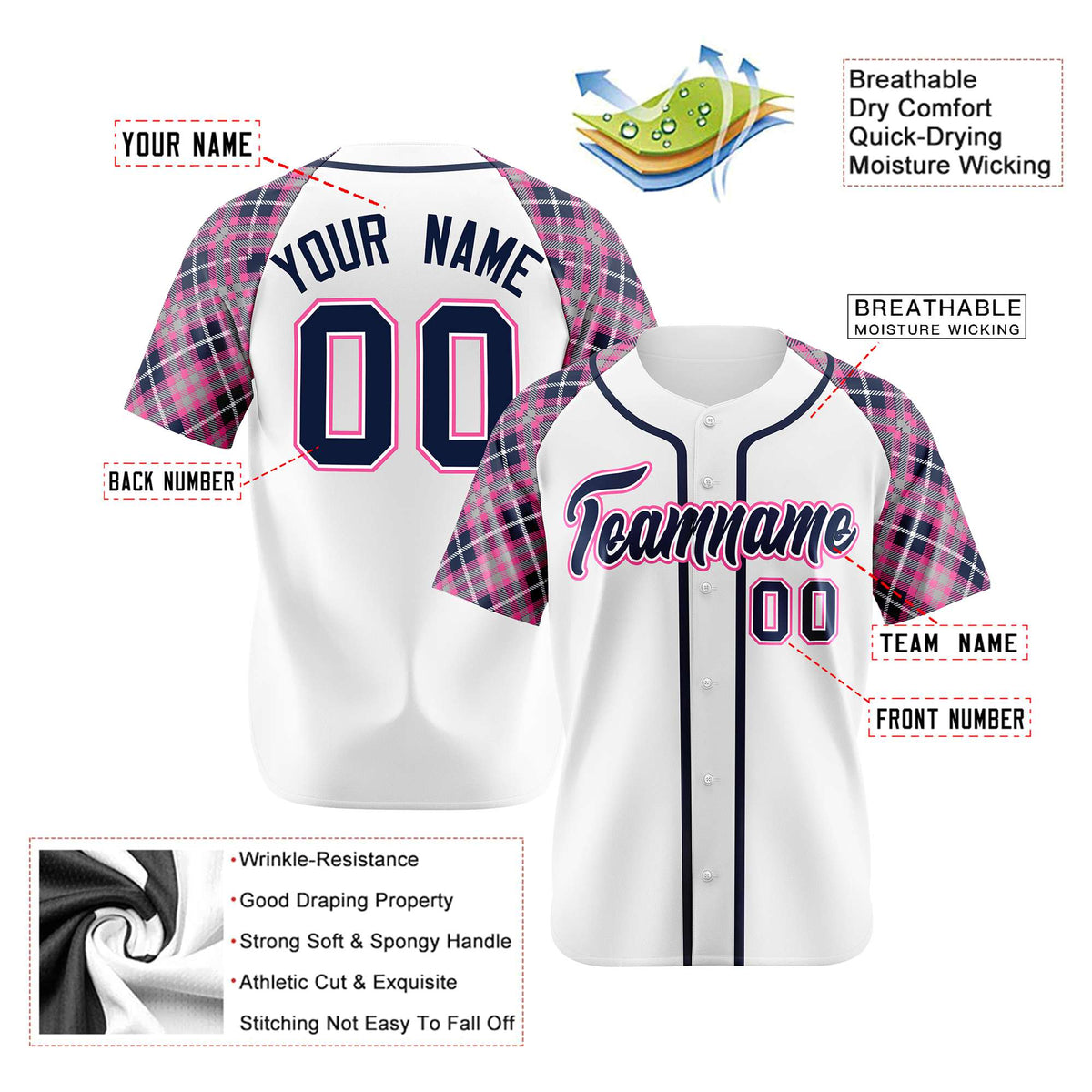 Custom White Pink-Navy Authentic Plaid sleeve Baseball Jersey