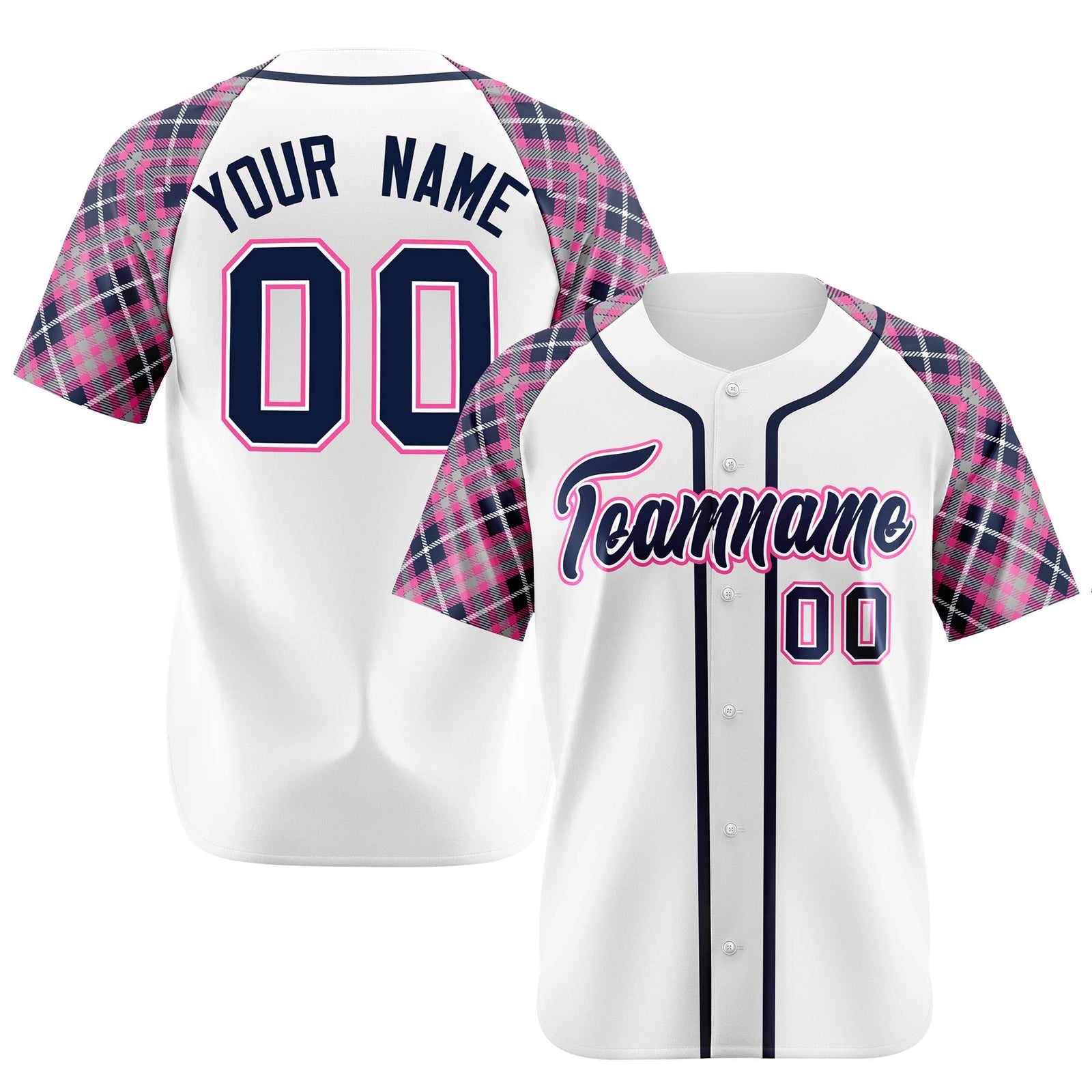Custom White Pink-Navy Authentic Plaid sleeve Baseball Jersey