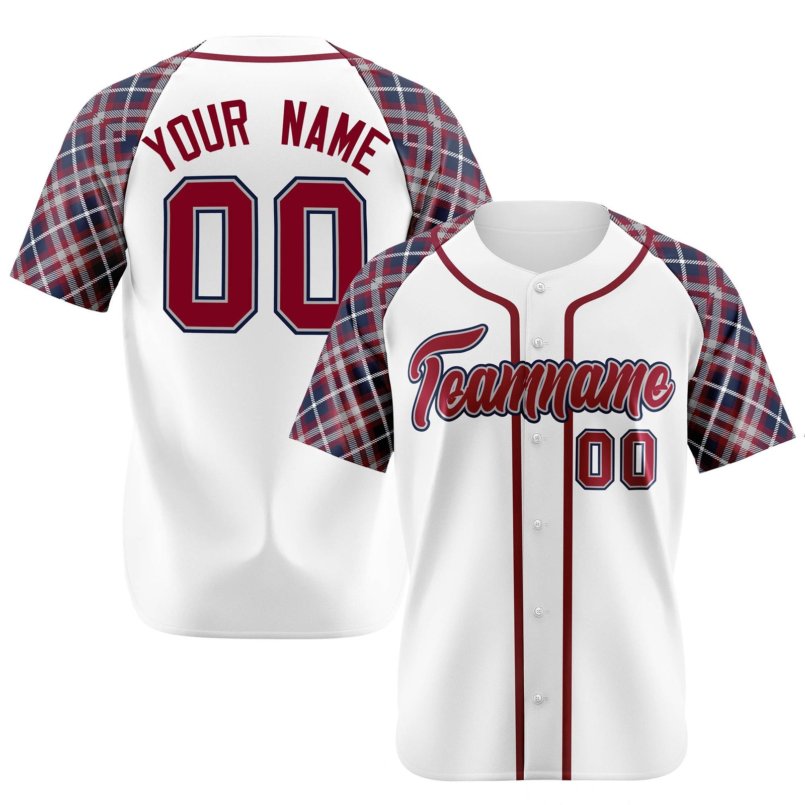 Custom White Crimson-Navy Authentic Plaid sleeve Baseball Jersey