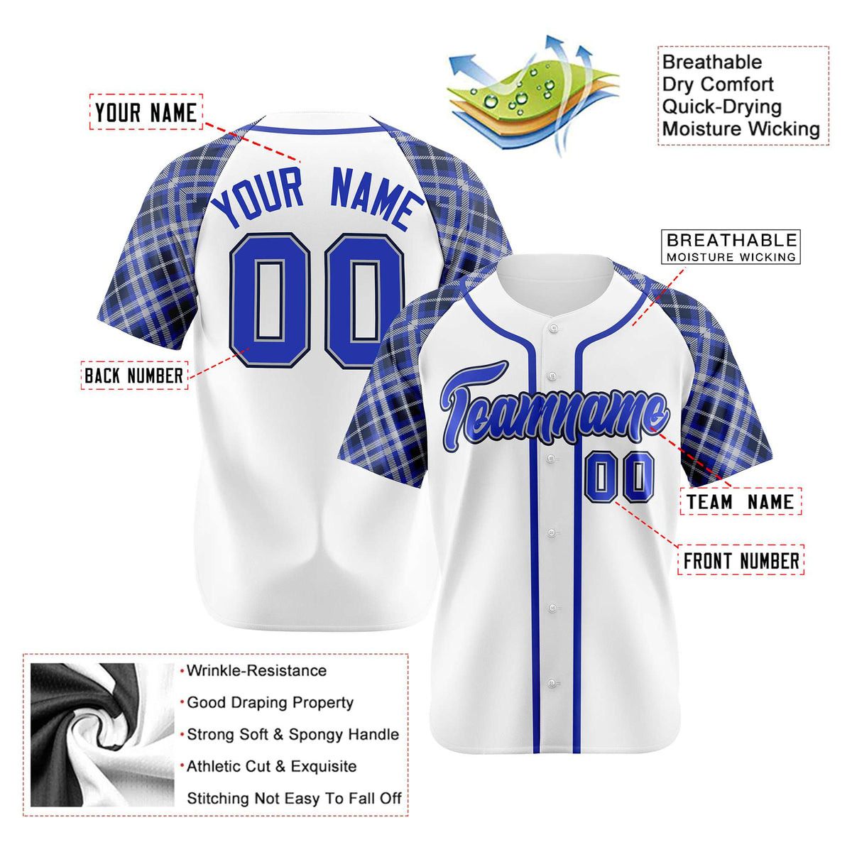 Custom White Purple-Black Authentic Plaid sleeve Baseball Jersey