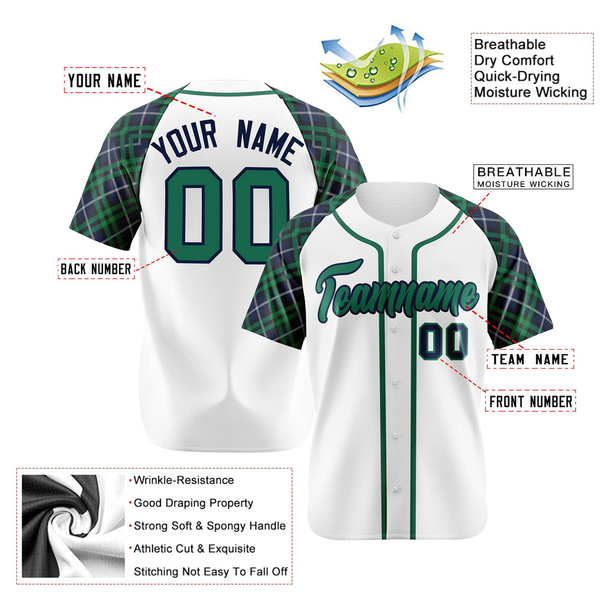 Custom White Green-Navy Authentic Plaid sleeve Baseball Jersey