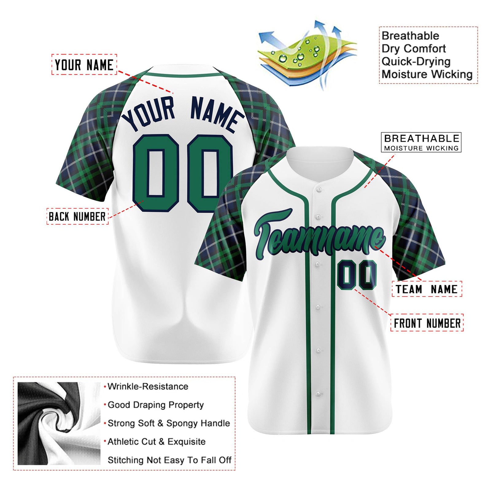 Custom White Green-Navy Authentic Plaid sleeve Baseball Jersey
