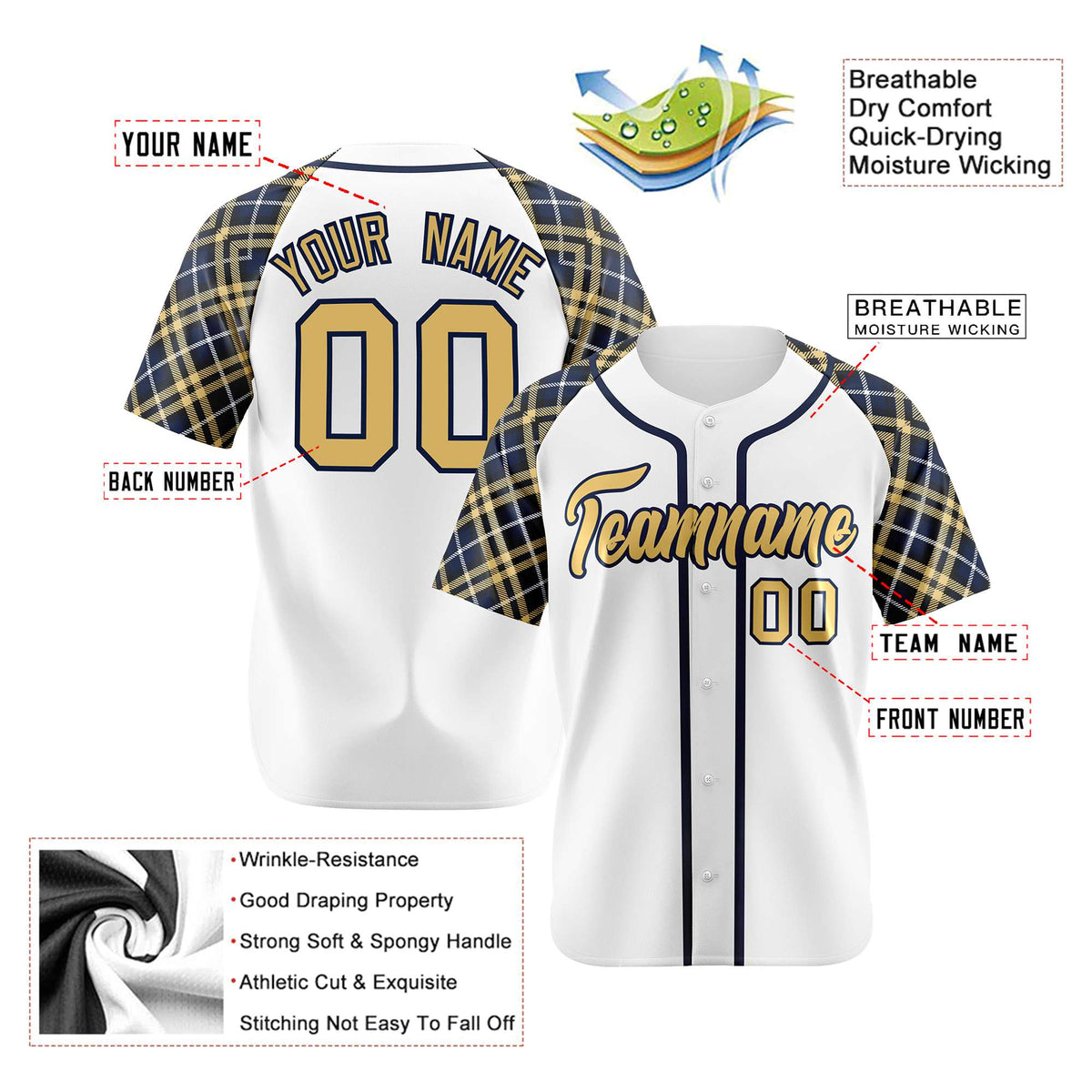 Custom White Yellow-Navy Authentic Plaid sleeve Baseball Jersey