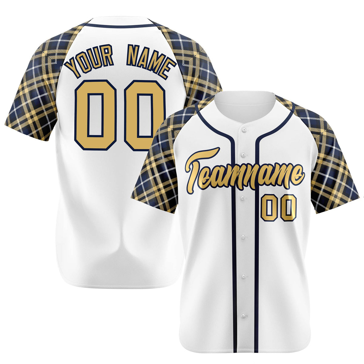 Custom White Yellow-Navy Authentic Plaid sleeve Baseball Jersey