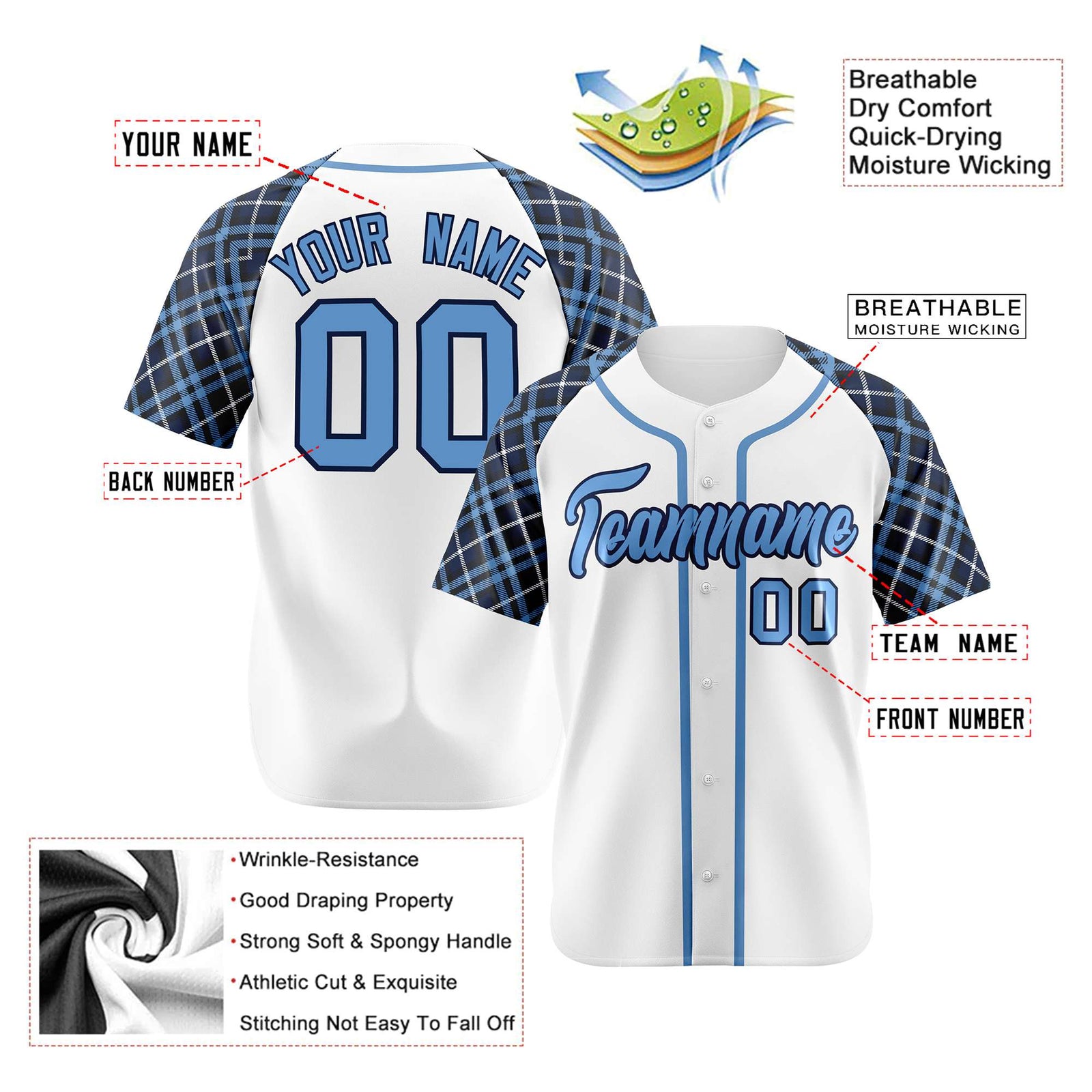 Custom White Blue-Navy Authentic Plaid sleeve Baseball Jersey