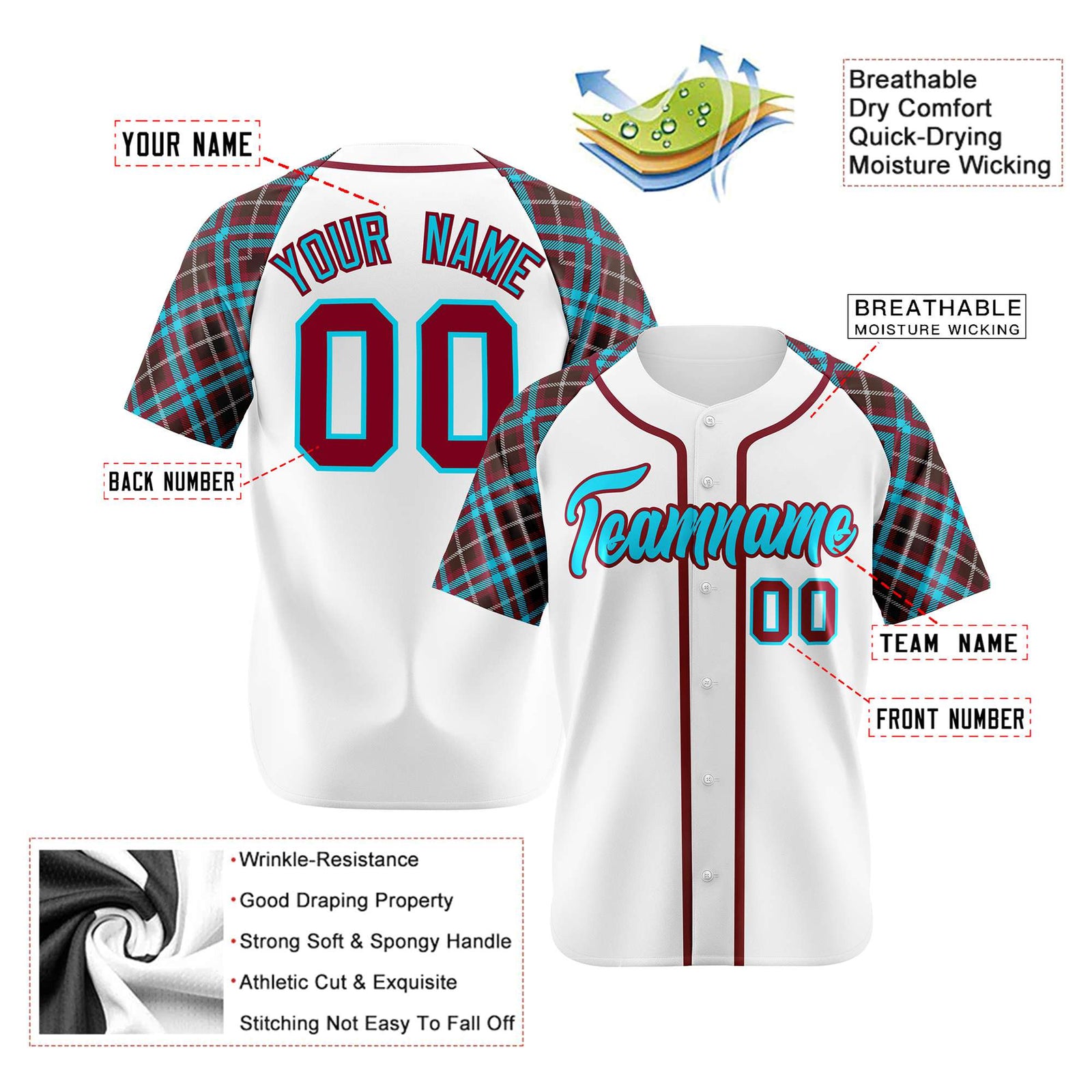Custom White Brown-Blue Authentic Plaid sleeve Baseball Jersey