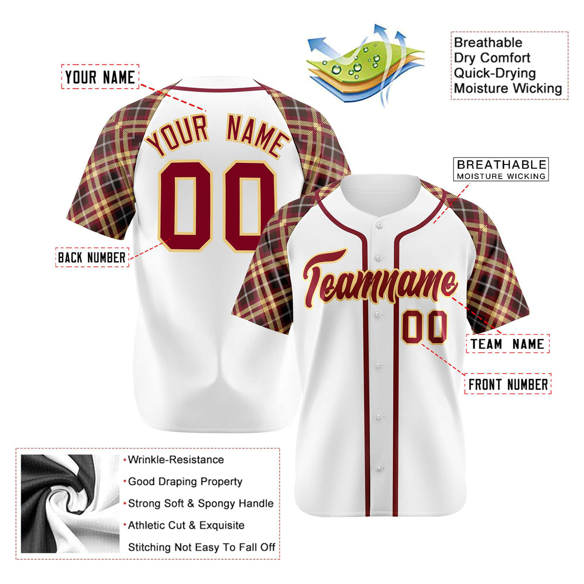 Custom White Crimson-Gold Authentic Plaid sleeve Baseball Jersey