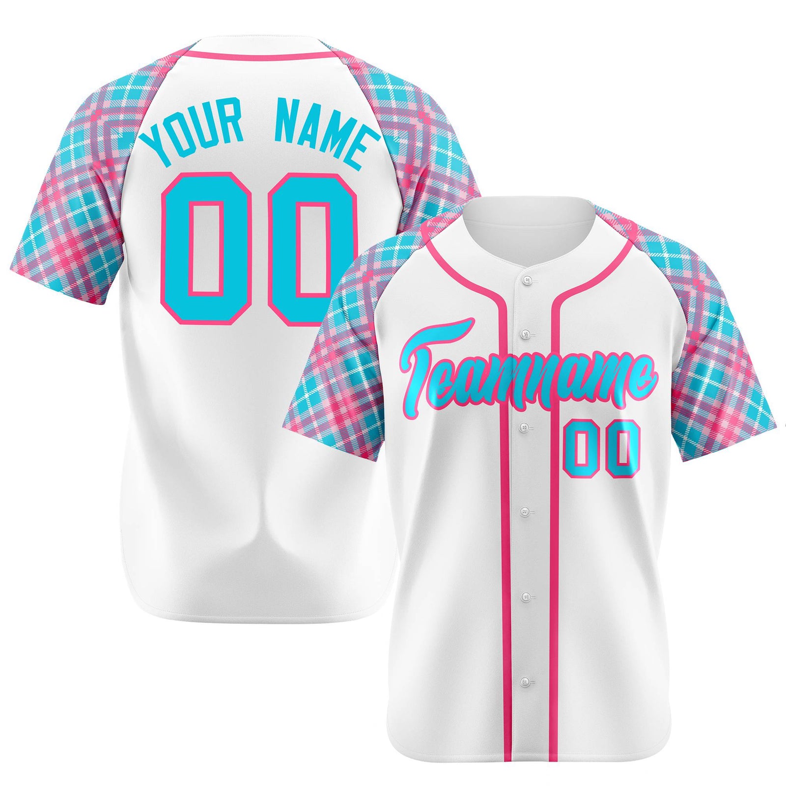 Custom White Pink-Blue Authentic Plaid sleeve Baseball Jersey