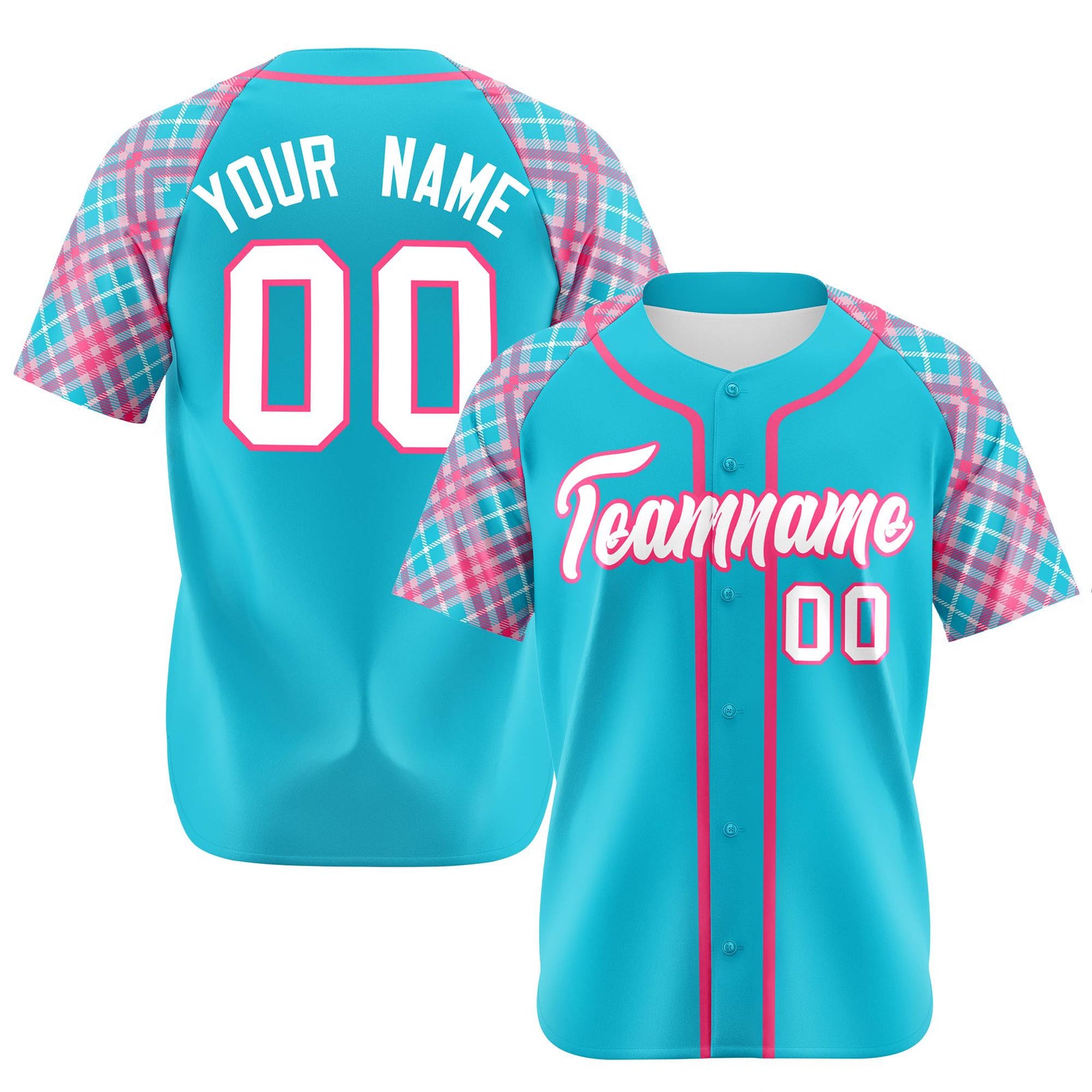 Custom Light Blue Pink-White Authentic Plaid sleeve Baseball Jersey