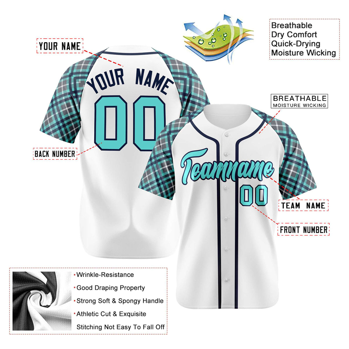Custom White Light-Blue Navy Authentic Plaid sleeve Baseball Jersey