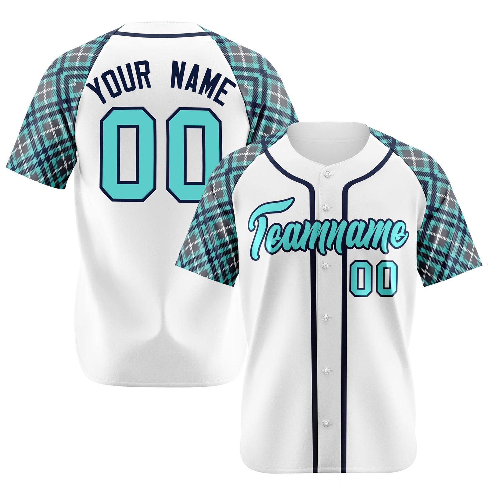 Custom White Light-Blue Navy Authentic Plaid sleeve Baseball Jersey