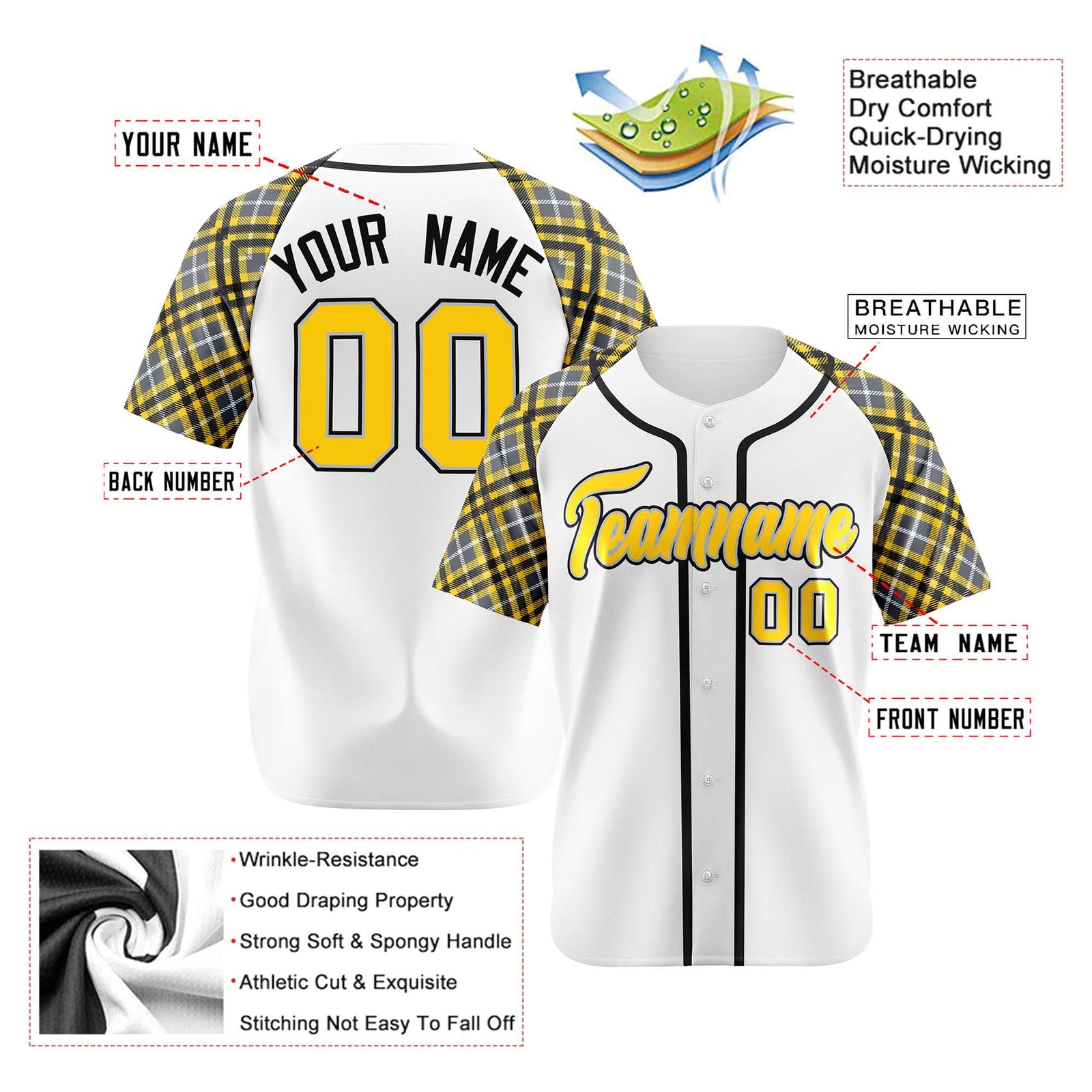 Custom White Yellow-Black Authentic Plaid sleeve Baseball Jersey