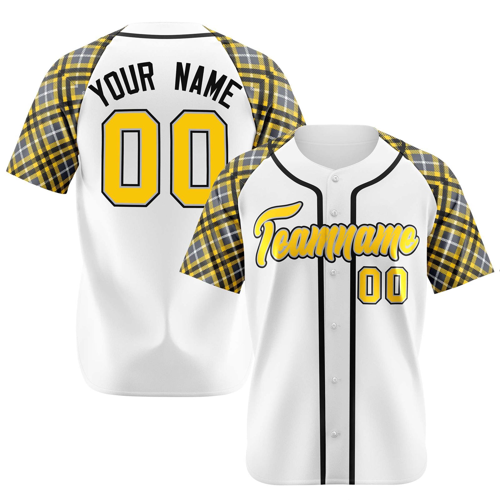 Custom White Yellow-Black Authentic Plaid sleeve Baseball Jersey