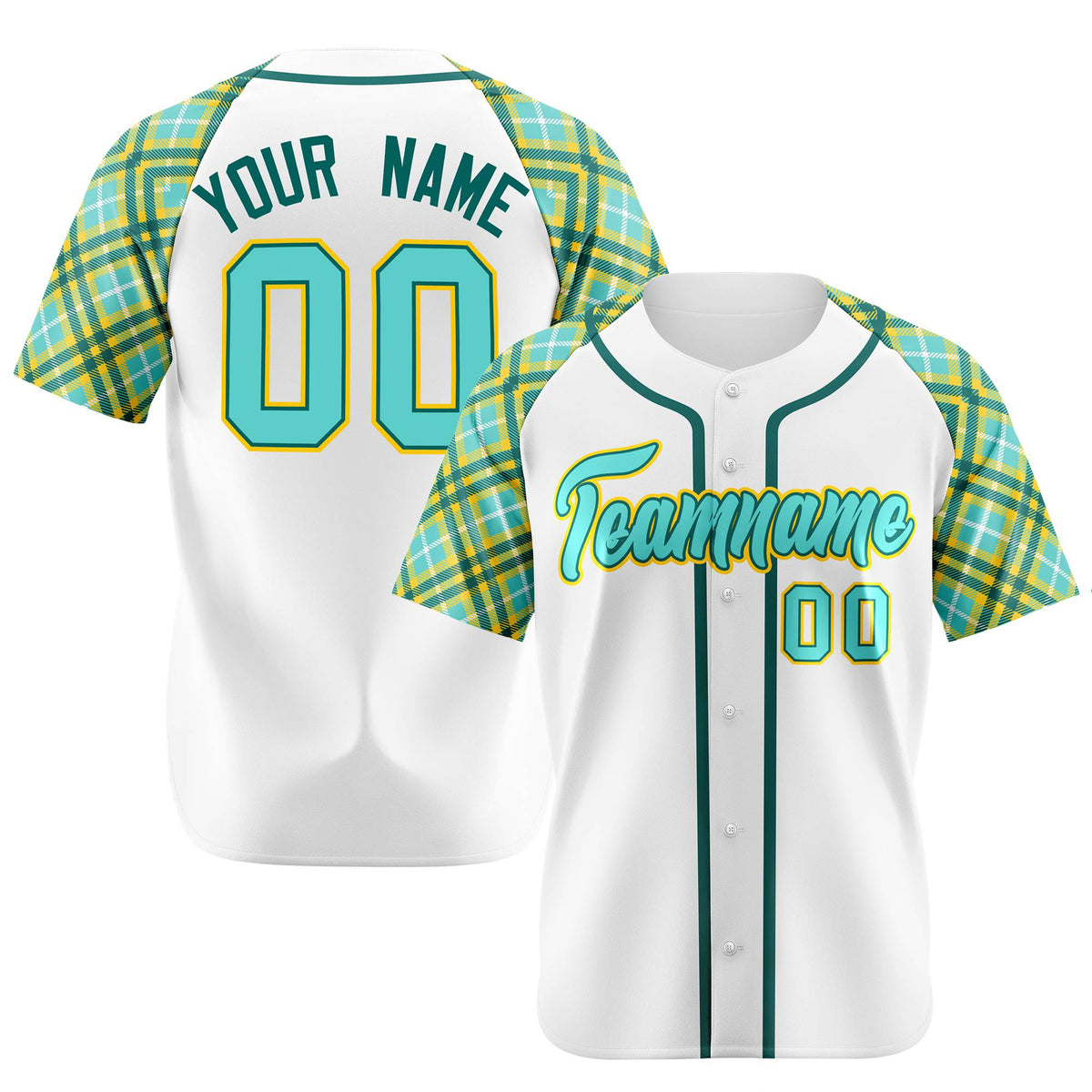 Custom White Light-Blue Yellow Authentic Plaid sleeve Baseball Jersey
