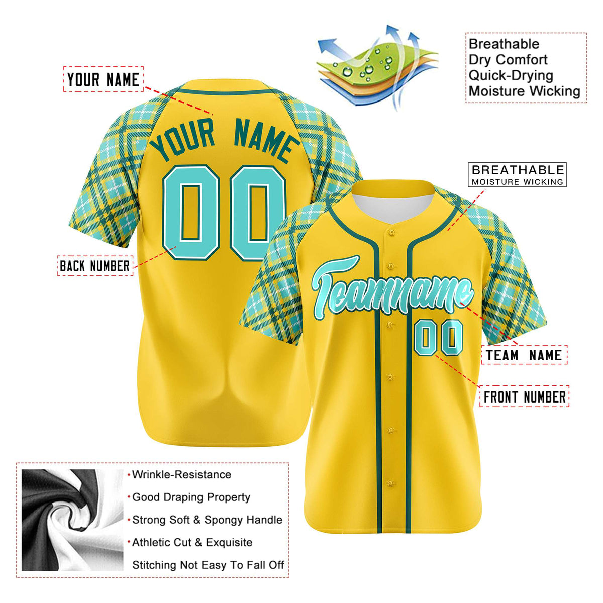 Custom Yellow Light-Blue Aqua Authentic Plaid sleeve Baseball Jersey