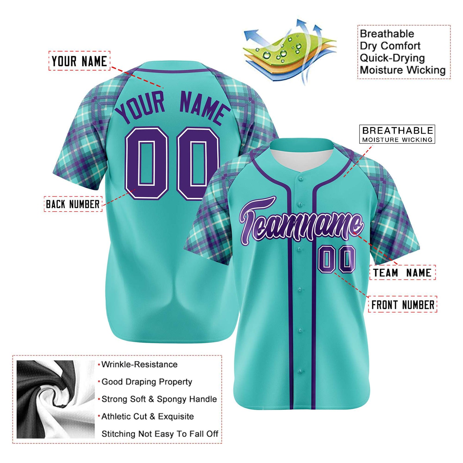 Custom Aqua Purple-White Authentic Plaid sleeve Baseball Jersey