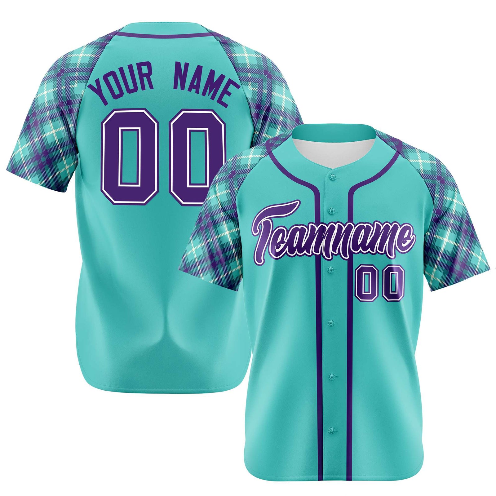 Custom Aqua Purple-White Authentic Plaid sleeve Baseball Jersey